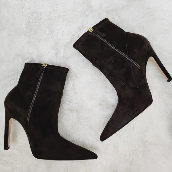 NEW Good American Icon Brown Suede Neoprene Heeled Ankle Boot - Picture 7 of 10